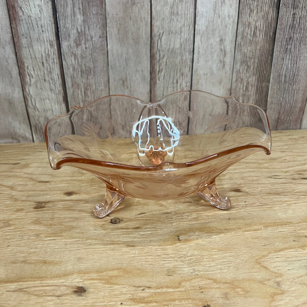Vintage Pink Depression Glass 3-Footed Etched Floral Console Bowl Centerpiece